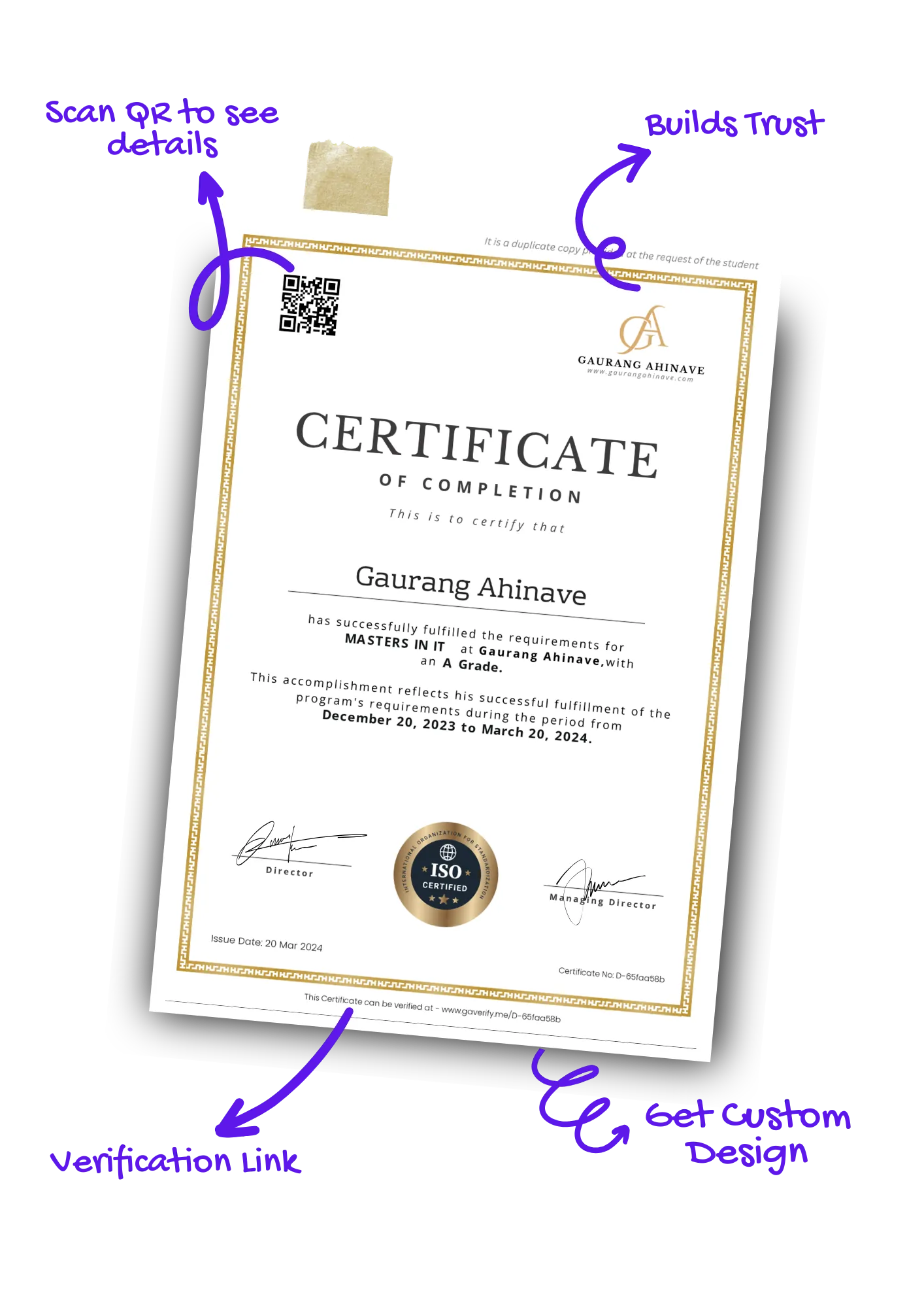 Sample of a certificate with a QR code for online verification